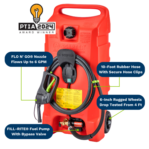 Red 14-gallon gas caddy with callouts highlighting key features, such as the Fill-Rite fuel pump and flow rate of up to 6 GPM.